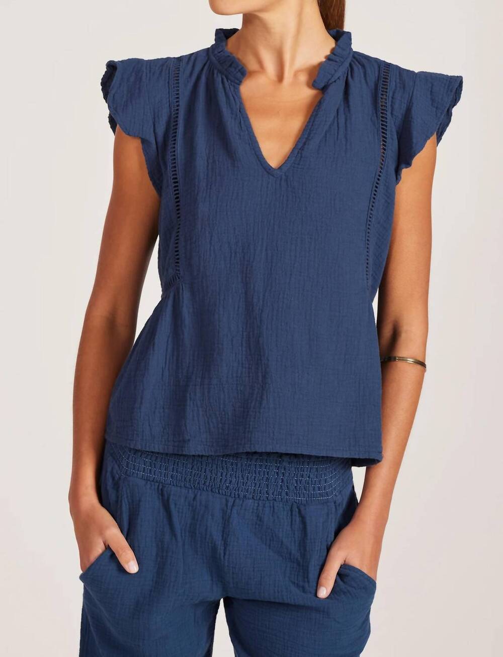 NEW BOBI flutter sleeve split neck top in deep seas